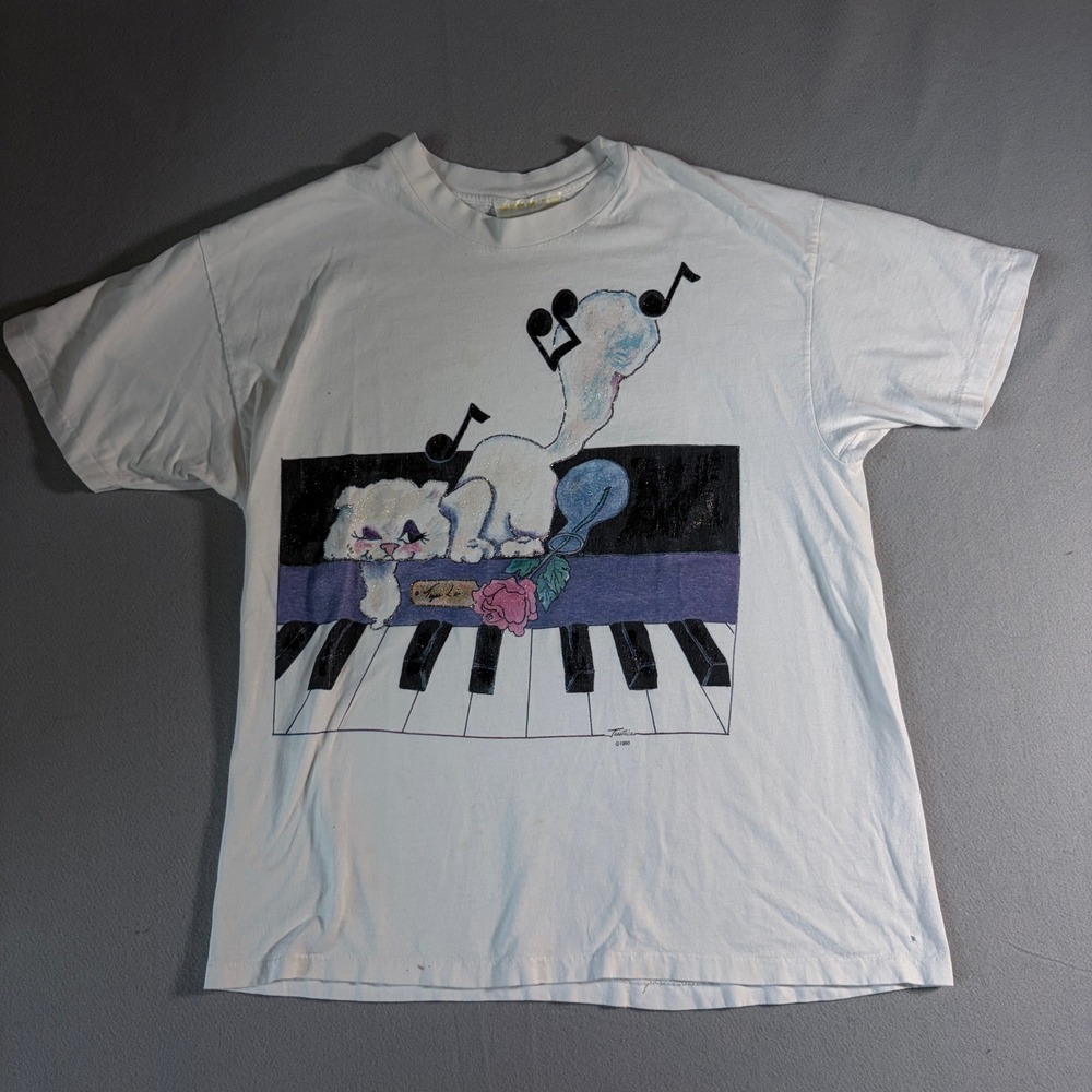 Vintage 1990 Justice Cat Piano Graphic T-Shirt Mens Large White Glitter 90s Tee